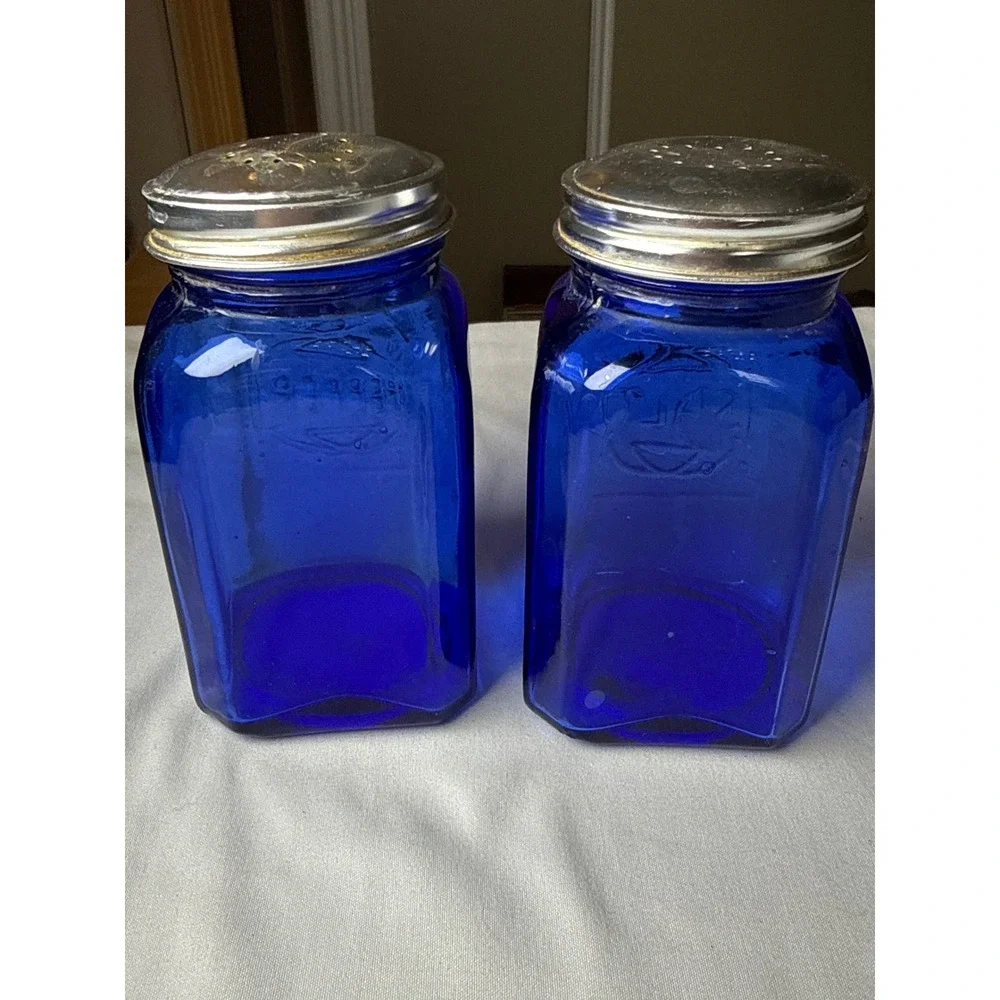 Vintage Cobalt Blue Glass Salt and Pepper Shakers Set Embossed Square Jars